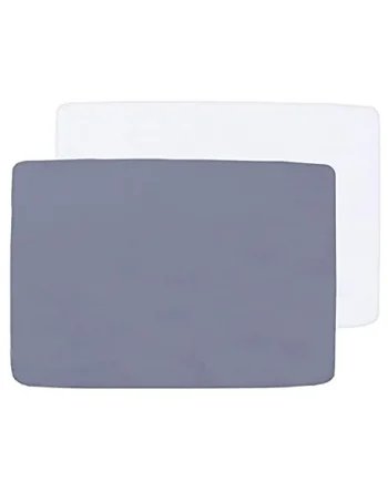 Travel Cot Sheets 95x65cm Fitted 2 Pack–Ultra Soft Microfiber, White & Grey | Fits Graco, Red Kite & Maxi-Cosi travel cots. Ultra soft & breathable microfiber. Snug fit. Preshrunk.