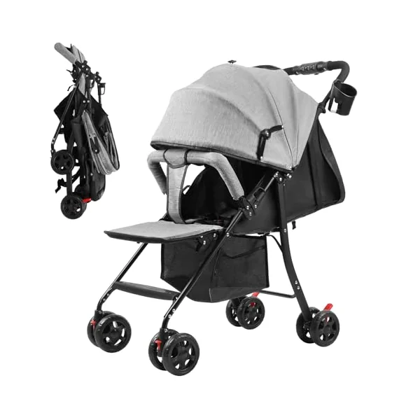 Travel Pram with Adjustable Backrest, Folding Infant Pushchair with Canopy, Storage Basket, Baby Stroller for 0-2 Years Toddlers Up to 10kg (Grey)
