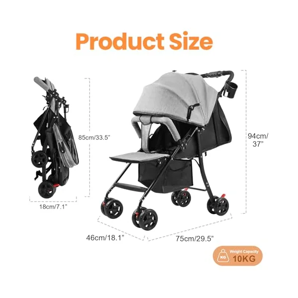 Travel Pram with Adjustable Backrest, Folding Infant Pushchair with Canopy, Storage Basket, Baby Stroller for 0-2 Years Toddlers Up to 10kg (Grey)