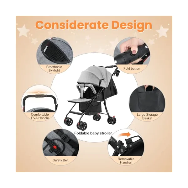 Travel Pram with Adjustable Backrest, Folding Infant Pushchair with Canopy, Storage Basket, Baby Stroller for 0-2 Years Toddlers Up to 10kg (Grey)