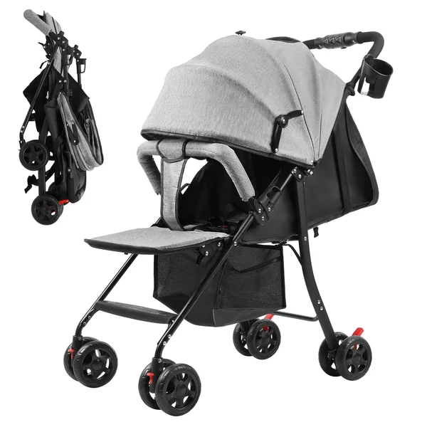 Travel Pram with Adjustable Backrest, Folding Infant Pushchair with Canopy, Storage Basket, Baby Stroller for 0-2 Years Toddlers Up to 10kg (Grey)