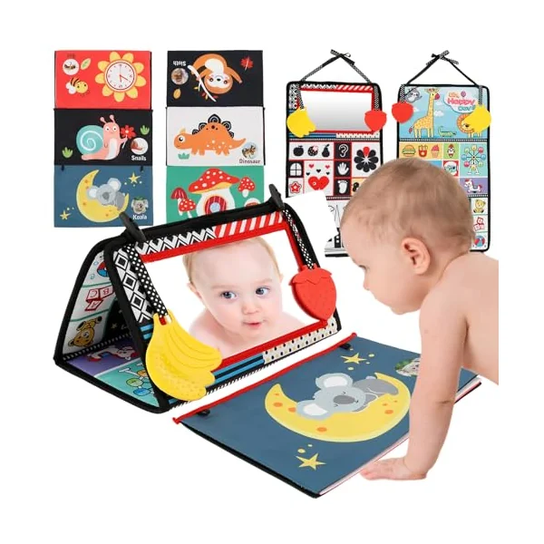 Tummy Time Mirror Toys Baby Sensory Toy Tummy Time Baby Mirror with Cloth Book Montessori Sensory Infant Mirrors for Toddle Newborn Toy 0-3-6-12 Months(Giraffe)