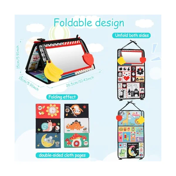 Tummy Time Mirror Toys Baby Sensory Toy Tummy Time Baby Mirror with Cloth Book Montessori Sensory Infant Mirrors for Toddle Newborn Toy 0-3-6-12 Months(Giraffe)