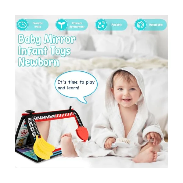 Tummy Time Mirror Toys Baby Sensory Toy Tummy Time Baby Mirror with Cloth Book Montessori Sensory Infant Mirrors for Toddle Newborn Toy 0-3-6-12 Months(Giraffe)
