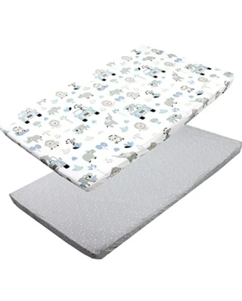 TupTam baby fitted sheet children fitted sheet for baby bed cot pack of 2, Zoo Blue/Stars/White/Grey, 70 x 140 cm