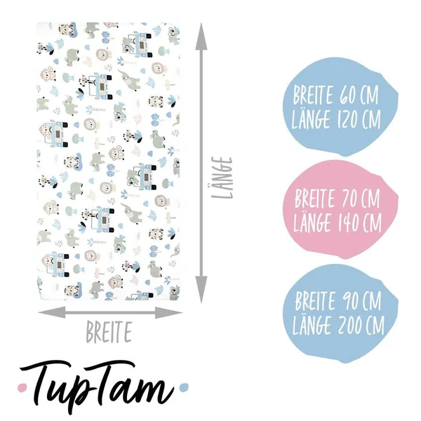 TupTam baby fitted sheet children fitted sheet for baby bed cot pack of 2, Zoo Blue/Stars/White/Grey, 70 x 140 cm