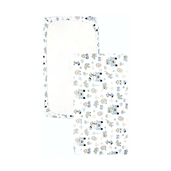 TupTam baby fitted sheet children fitted sheet for baby bed cot pack of 2, Zoo Blue/Stars/White/Grey, 70 x 140 cm