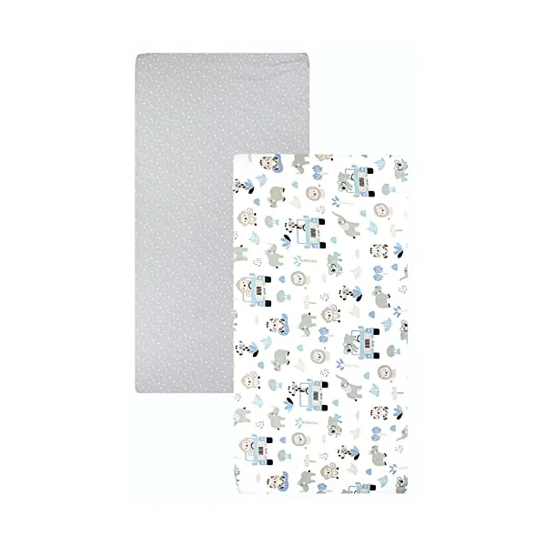 TupTam baby fitted sheet children fitted sheet for baby bed cot pack of 2, Zoo Blue/Stars/White/Grey, 70 x 140 cm