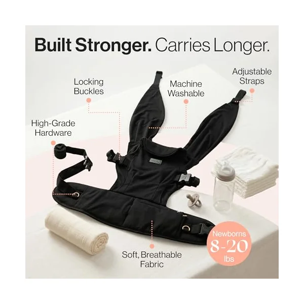 Tushbaby Pearl Wrap Carrier Black Newborn Baby Carrier with Storage | Fits 8-20 lb babies, Ergonomic wrap, Bottle holder & wipe attachment, Soft breathable fabric, Adjustable fit