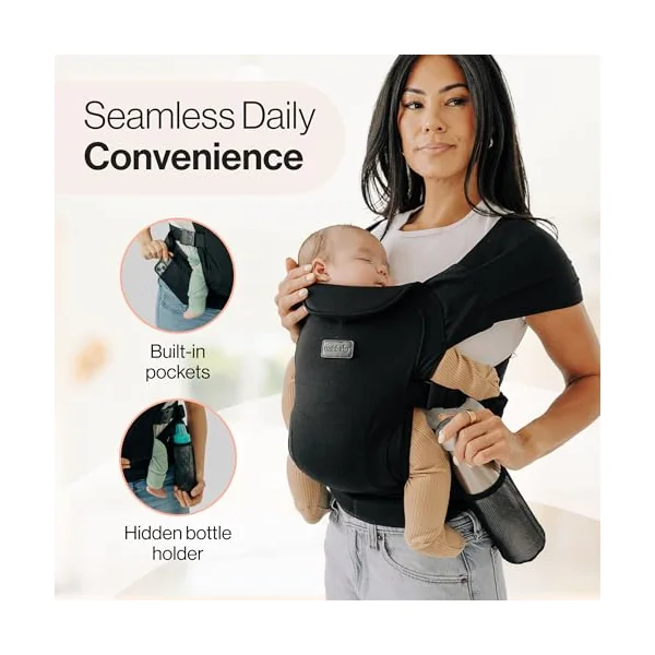 Tushbaby Pearl Wrap Carrier Black Newborn Baby Carrier with Storage | Fits 8-20 lb babies, Ergonomic wrap, Bottle holder & wipe attachment, Soft breathable fabric, Adjustable fit