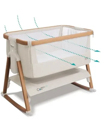 Tutti Bambini CoZee® Air Bedside Crib 0-6 Months - Walnut & Ecru | Extra ventilation keeps air flowing all night. Converts to standalone cot, 60-sec setup, mattress included (0-6m).