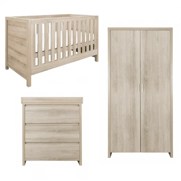 Tutti Bambini Modena 3 Piece Nursery Furniture Room Set Includes Cot Bed, Chest Changer And Wardrobe- Oak