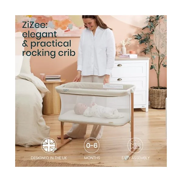 Tutti Bambini ZiZee Moses Basket With Stand Rocking Crib - Walnut & Ecru | Breathable rocking Moses basket with mattress, wheels and travel bag, designed for newborn sleep from birth to 6 months.