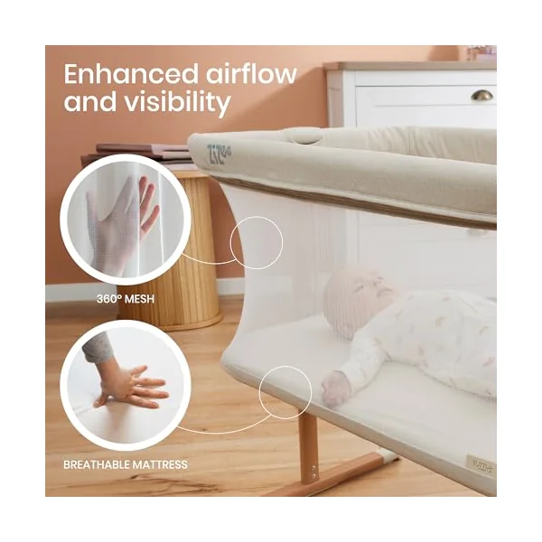Tutti Bambini ZiZee Moses Basket With Stand Rocking Crib - Walnut & Ecru | Breathable rocking Moses basket with mattress, wheels and travel bag, designed for newborn sleep from birth to 6 months.