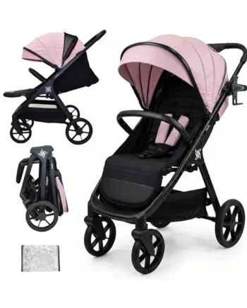 Twinly SPACELY Lightweight Folding Pushchair up to 22kg, Pink | XXL UV50+ hood, high backrest, anti-puncture EVA wheels, Soft-Drive suspension, including rain plastic and cup holder.