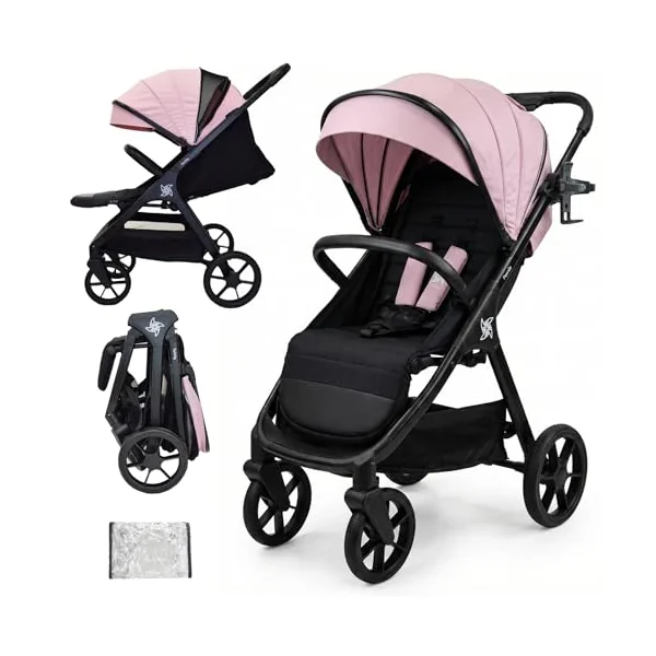 Twinly SPACELY Lightweight Folding Pushchair up to 22kg, Pink | XXL UV50+ hood, high backrest, anti-puncture EVA wheels, Soft-Drive suspension, including rain plastic and cup holder.