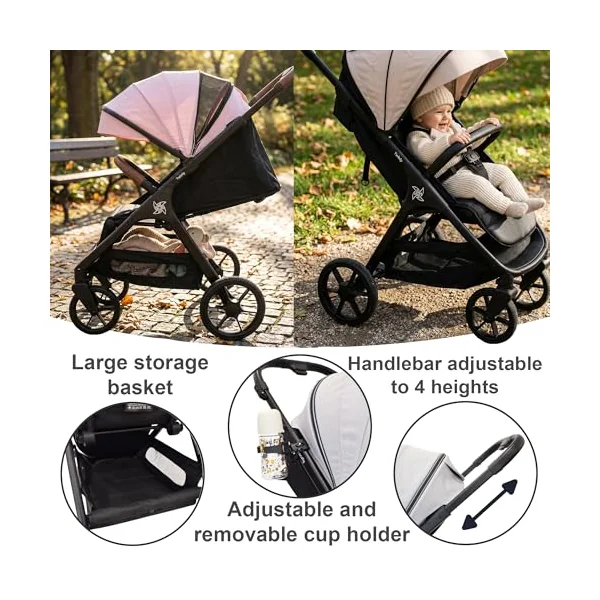Twinly SPACELY Lightweight Folding Pushchair up to 22kg, Pink | XXL UV50+ hood, high backrest, anti-puncture EVA wheels, Soft-Drive suspension, including rain plastic and cup holder.