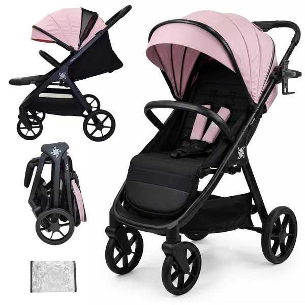 Twinly SPACELY Lightweight Folding Pushchair up to 22kg, Pink | XXL UV50+ hood, high backrest, anti-puncture EVA wheels, Soft-Drive suspension, including rain plastic and cup holder.