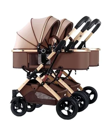 Twins Cozy Compact Twin Pram Stroller - Double Seat Tandem Toddler Stroller, Can Sit & Lie, Detachable Pushchair for Infant, Easy Fold Carriage, Multi-Position Reclining Seats (Color: Brown)