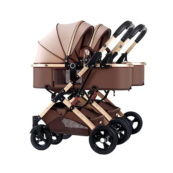 Twins Cozy Compact Twin Pram Stroller - Double Seat Tandem Toddler Stroller, Can Sit & Lie, Detachable Pushchair for Infant, Easy Fold Carriage, Multi-Position Reclining Seats (Color: Brown)