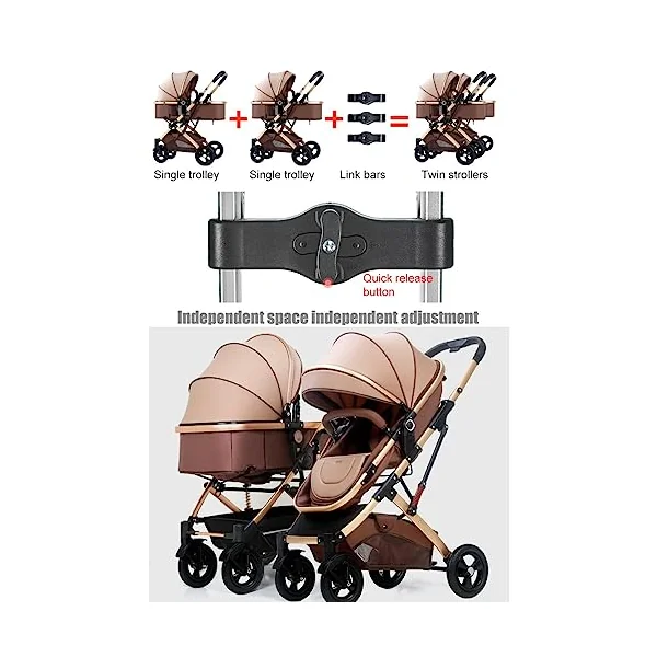 Twins Cozy Compact Twin Pram Stroller - Double Seat Tandem Toddler Stroller, Can Sit & Lie, Detachable Pushchair for Infant, Easy Fold Carriage, Multi-Position Reclining Seats (Color: Brown)