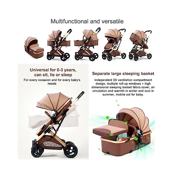 Twins Cozy Compact Twin Pram Stroller - Double Seat Tandem Toddler Stroller, Can Sit & Lie, Detachable Pushchair for Infant, Easy Fold Carriage, Multi-Position Reclining Seats (Color: Brown)