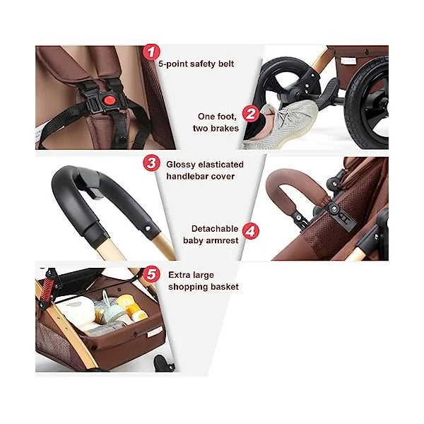 Twins Cozy Compact Twin Pram Stroller - Double Seat Tandem Toddler Stroller, Can Sit & Lie, Detachable Pushchair for Infant, Easy Fold Carriage, Multi-Position Reclining Seats (Color: Brown)
