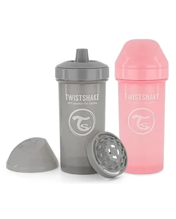 Twistshake 2X Kids Cup | Leak-Proof Baby Drinking Bottle with Hard Spout and Fruit Mixer - 360ml | Trainer Bottle for Toddlers | Spill-Proof Baby Water Bottles | Non-Spill & BPA-Free | Pink Grey