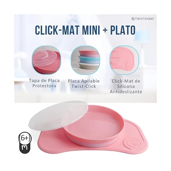 Twistshake Click Mat Mini + Plate | Non-Slip Tableware Set | Baby Placemat (31x17) | BPA-Free | Baby Suction Plate | Food Training for Kids 6m+ | Pink