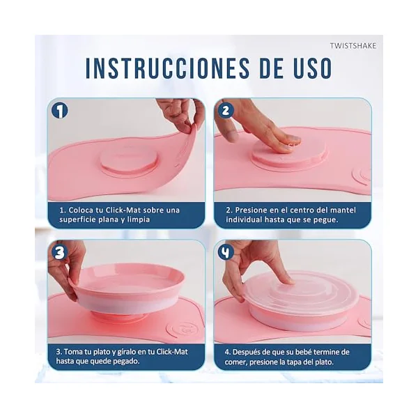 Twistshake Click Mat Mini + Plate | Non-Slip Tableware Set | Baby Placemat (31x17) | BPA-Free | Baby Suction Plate | Food Training for Kids 6m+ | Pink