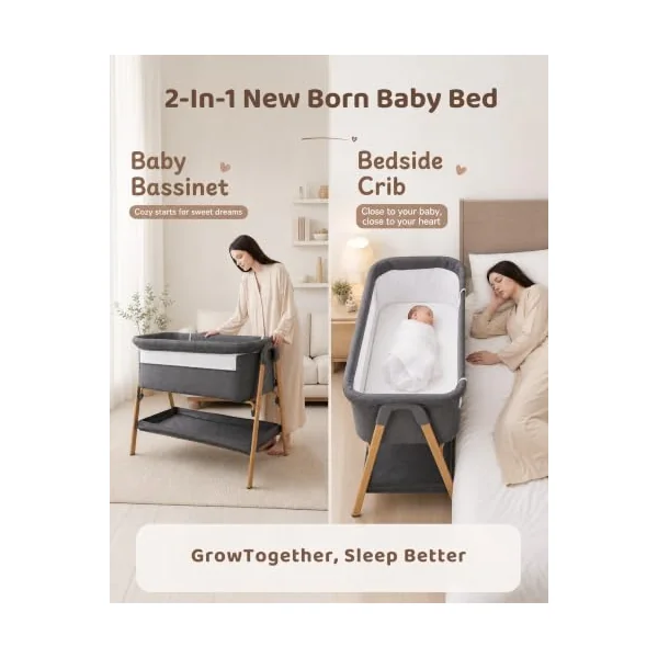 UBRAVOO 2 in 1 Baby Bassinet Bedside Sleeper for Baby, Next to Me Crib and Baby Crib Bedside for Newborn, Breathable Mesh Sides & Soft Mattress (Grey)