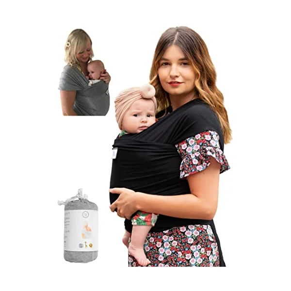 UK Brand - Baby Sling Carrier Wrap, Newborn to 35lbs, Organic Cotton, Small/Medium or Plus Size, Black or Grey, Safety Tested