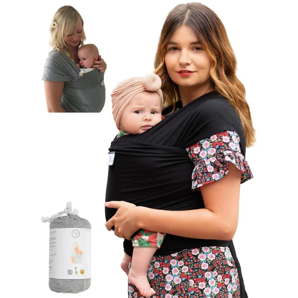 UK Brand - Baby Sling Carrier Wrap, Newborn to 35lbs, Organic Cotton, Small/Medium or Plus Size, Black or Grey, Safety Tested