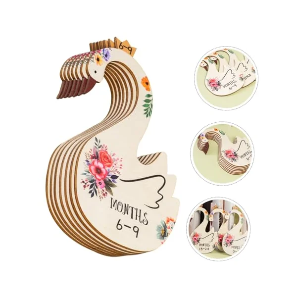 ULTECHNOVO 7pcs Baby Clothes Size Dividers Wooden Wardrobe Clothes Dividers for Closet Organizing with Cartoon Bird Pattern Month Information for Baby Nursery