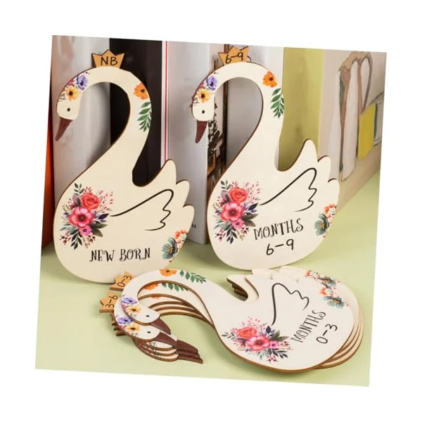 ULTECHNOVO 7pcs Baby Clothes Size Dividers Wooden Wardrobe Clothes Dividers for Closet Organizing with Cartoon Bird Pattern Month Information for Baby Nursery