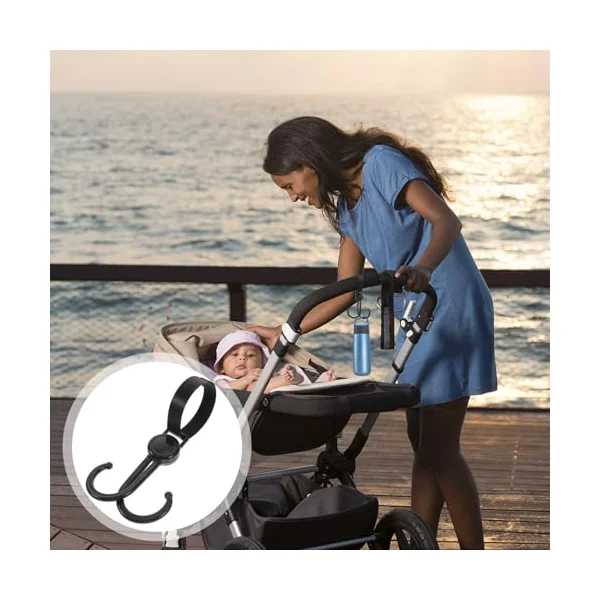 ULTECHNOVO Reusable Double Hook Stroller Hanging Bag Hook, Practical Stroller Accessory Made of Sturdy Plastic and Polyester, Safe and Convenient to Use for Shopping Trolley or Pushchair
