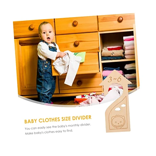 ULTECHNOVO Wood Wardrobe Organizer with Cartoon Design and Size Identification 6pcs Size Dividers Baby Clothes for Nursery Closet Storage