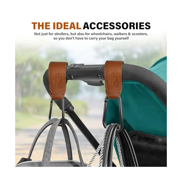 Uma Baby Stroller Hook for Baby Pram, Leather Style, Brown, Pack of 2
