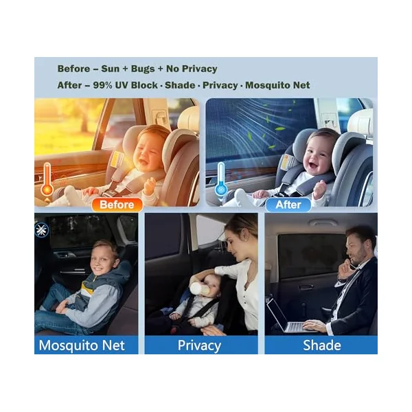 Universal Car Window Sun Shade - 2 Pack Breathable Mesh Car Rear Side Window Shade Sunshade UV Protection for Baby Family Pet, Mosquito Net Curtains Fit for Most(95%) of Cars, Cover Full Windows