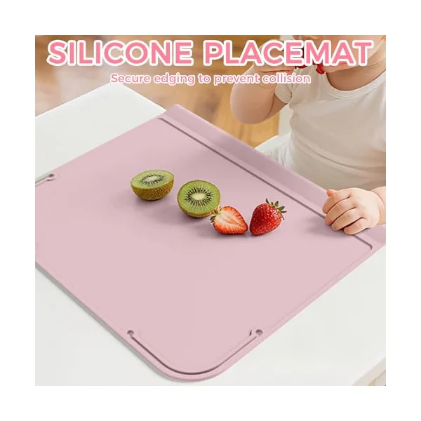 Upgrade Silicone Placemats with Raised Edges, Handy Placemat for High Chair or Table Mats,Non-Slip Bottom & Roll-Up Design,Teething Edge Protection (Pink, 12"x10")