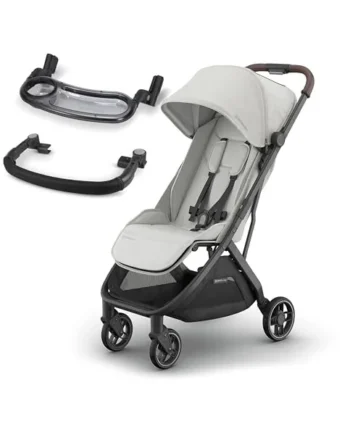 UPPAbaby MINU V3 Lightweight Travel Stroller (Savannah) + Bumper Bar (Black) & Snack Tray – One-Hand Fold, Compact, from Birth to 22kg, Includes Tray & Cup Holder for On-the-Go Convenience