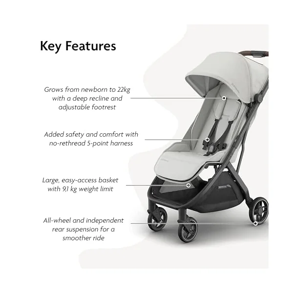 UPPAbaby MINU V3 Lightweight Travel Stroller (Savannah) + Bumper Bar (Black) & Snack Tray – One-Hand Fold, Compact, from Birth to 22kg, Includes Tray & Cup Holder for On-the-Go Convenience