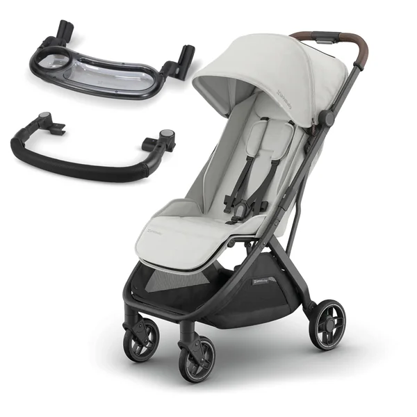 UPPAbaby MINU V3 Lightweight Travel Stroller (Savannah) + Bumper Bar (Black) & Snack Tray – One-Hand Fold, Compact, from Birth to 22kg, Includes Tray & Cup Holder for On-the-Go Convenience
