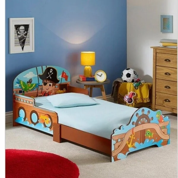 URBNLIVING Wooden Toddler Infant Child Kids Bed with Protector Safety Guard (Pirates)