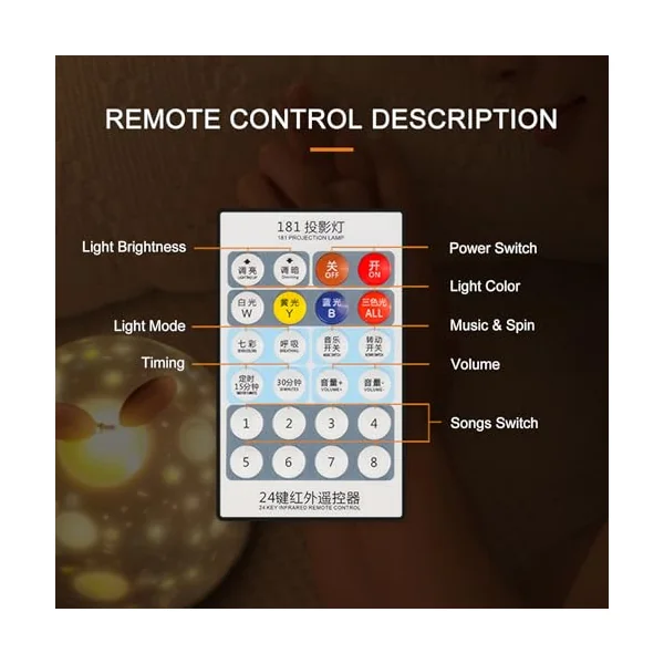 USB Projector Light with Remote Control Relaxing Soothing Colorful Lighting 360°Rotating Romantic Music Baby Timing LEDs Night Light for Bedroom Decoration Living Room Xmas Halloween