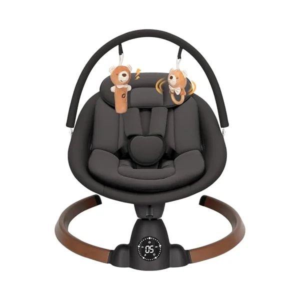Uuoeebb Baby Bouncer, Portable Electric Baby Swing with Bluetooth, 5 Swing Speed, 10 Songs, 5-Point Harness, Remote Control & Touch Panel - Bouncer from Birth for Indoor & Outdoor Use (Dark Black)