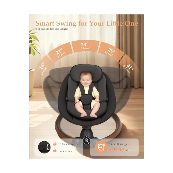 Uuoeebb Baby Bouncer, Portable Electric Baby Swing with Bluetooth, 5 Swing Speed, 10 Songs, 5-Point Harness, Remote Control & Touch Panel - Bouncer from Birth for Indoor & Outdoor Use (Dark Black)