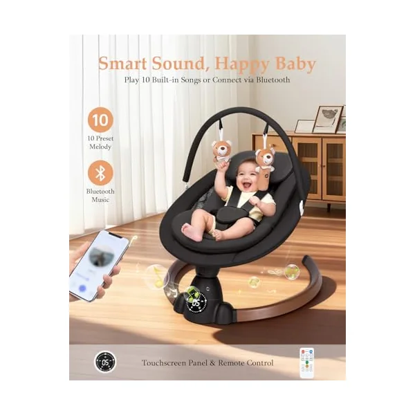 Uuoeebb Baby Bouncer, Portable Electric Baby Swing with Bluetooth, 5 Swing Speed, 10 Songs, 5-Point Harness, Remote Control & Touch Panel - Bouncer from Birth for Indoor & Outdoor Use (Dark Black)