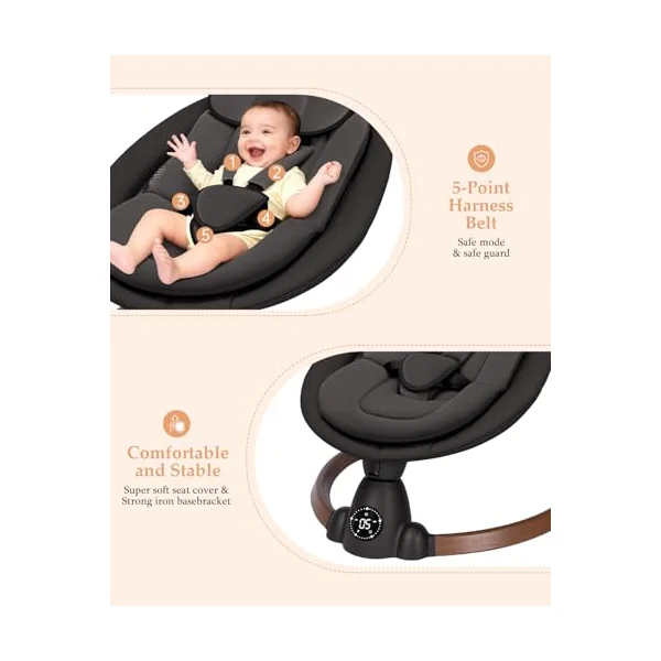 Uuoeebb Baby Bouncer, Portable Electric Baby Swing with Bluetooth, 5 Swing Speed, 10 Songs, 5-Point Harness, Remote Control & Touch Panel - Bouncer from Birth for Indoor & Outdoor Use (Dark Black)