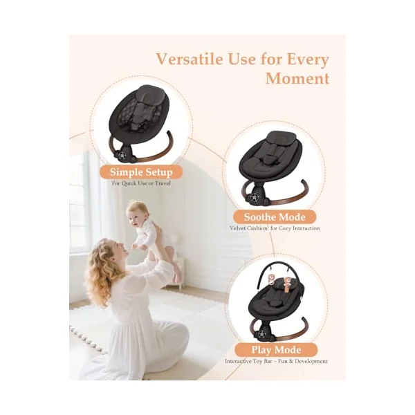 Uuoeebb Baby Bouncer, Portable Electric Baby Swing with Bluetooth, 5 Swing Speed, 10 Songs, 5-Point Harness, Remote Control & Touch Panel - Bouncer from Birth for Indoor & Outdoor Use (Dark Black)